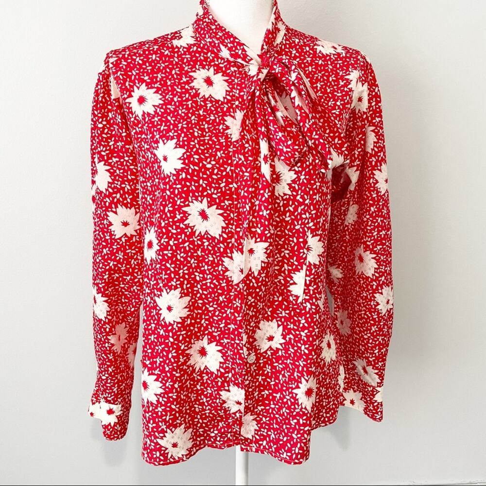 Evan Picone Vintage red floral scarf blouse bow 12